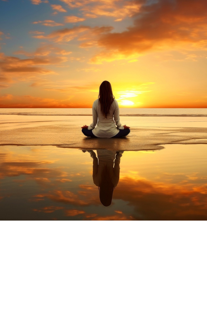 Woman at sunrise sitting on the beach meditating