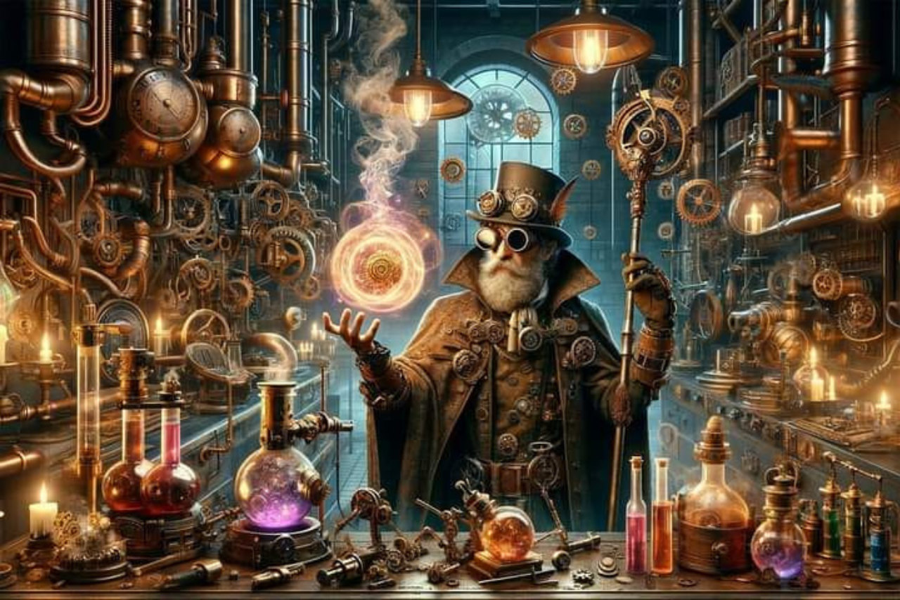 Chemical laboratory with a man dressed in a Steampunk hat, goggles, and outfit with a staff in one hand and an energy orb floating above the other hand.