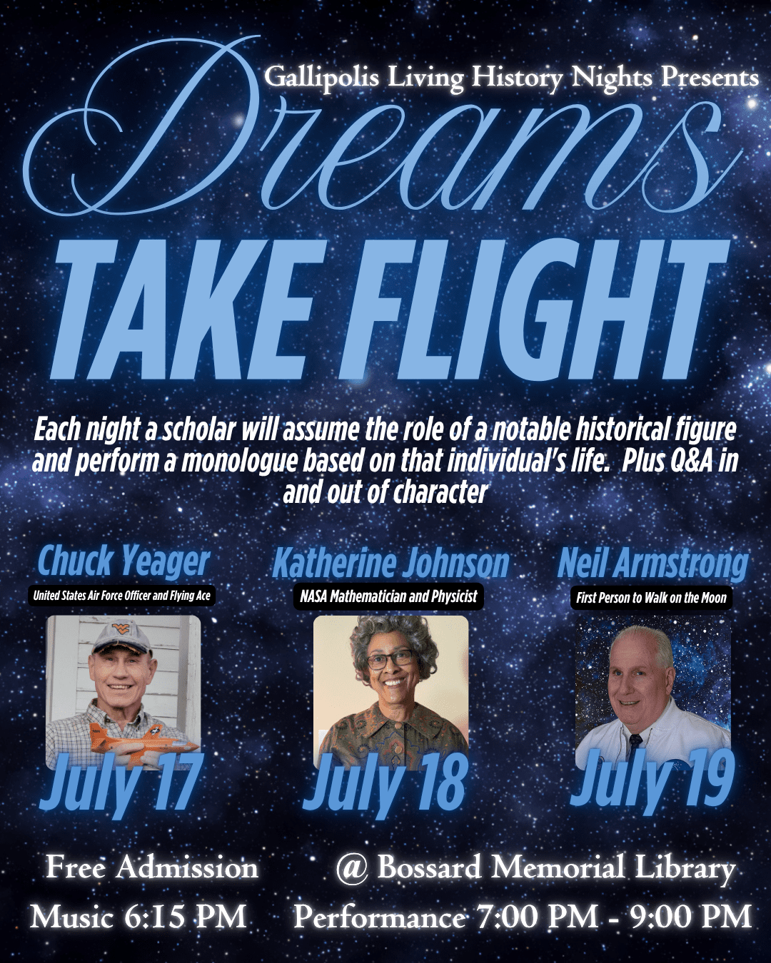 Starry background with the words Dreams Take Flight across the top and a listing of the performers and their photos pictured below