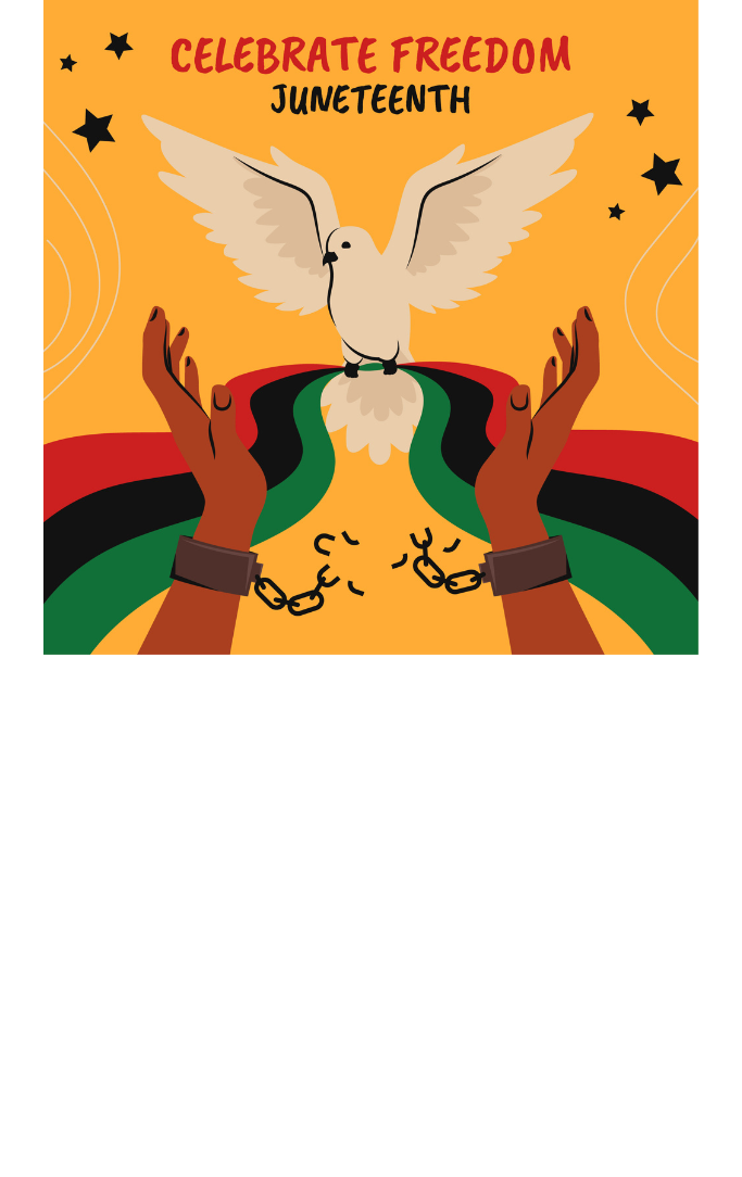 Yellow background with hands with broken chains releasing a dove.