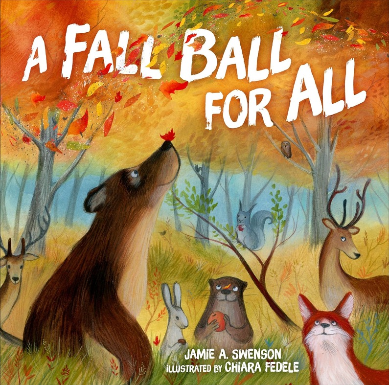 a bear, fox, deer and other animals look up as autumn leaves fall from the trees