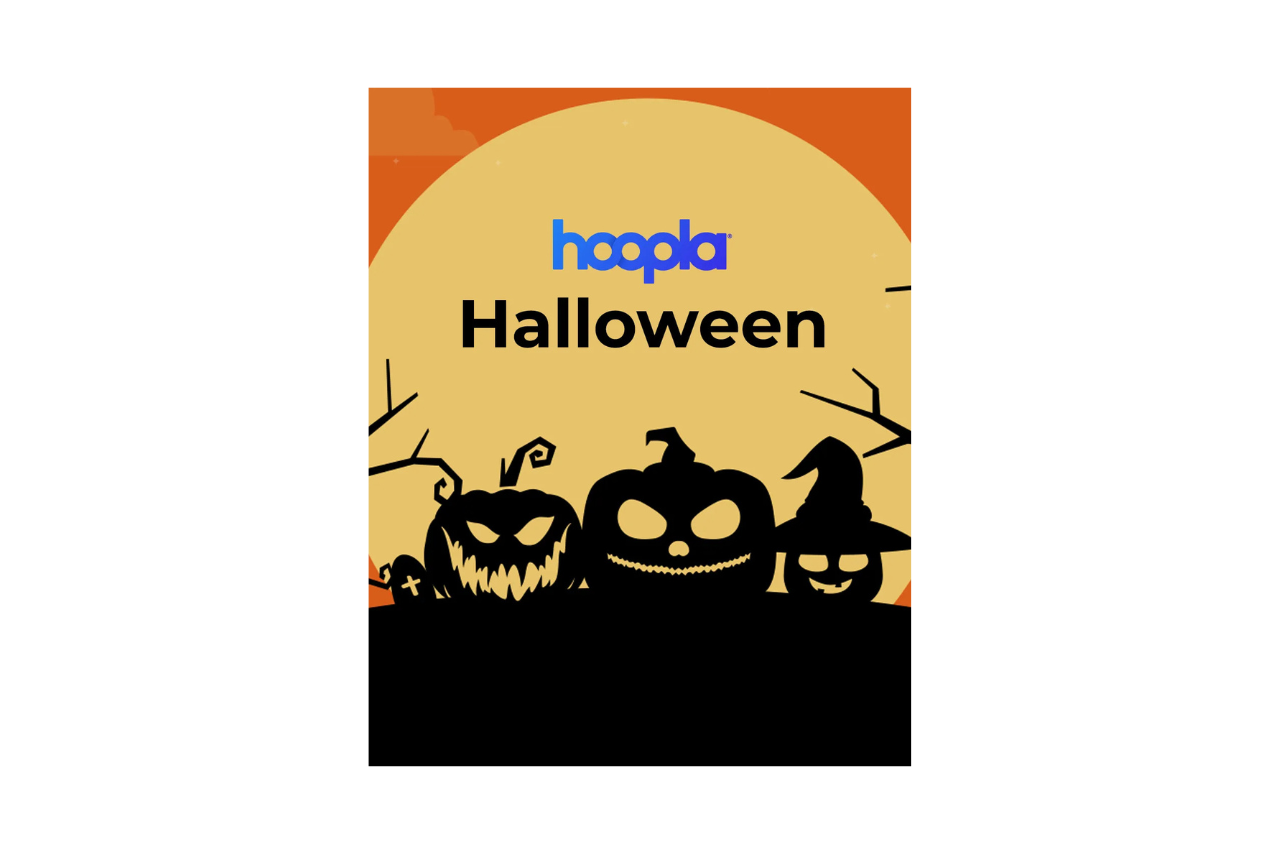 Jack-O-Lanterns against a Yellow Moon with Hoopla Halloween across the top