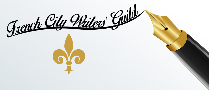 Blue background with old-fashioned pen to the right, and a fleur-de-lis below the words French City Writers' Guild