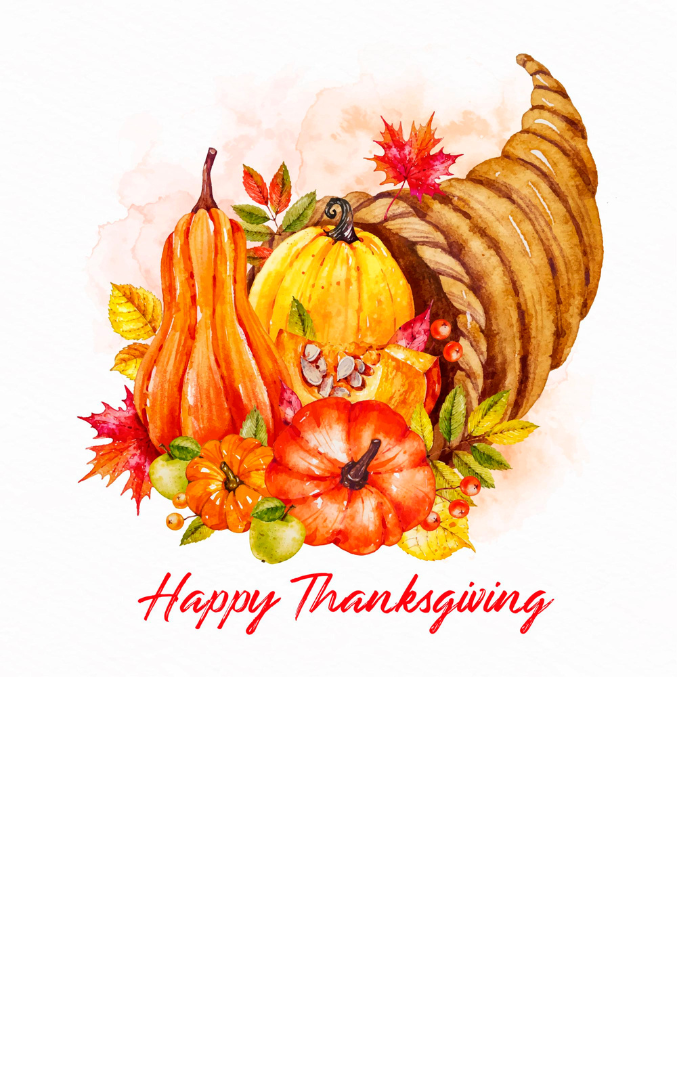 Cornucopia with fruits and vegetables around it with Happy Thanksgiving in script lettering below