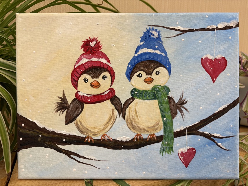 Painting on canvas of two birds sitting on the limb of a tree