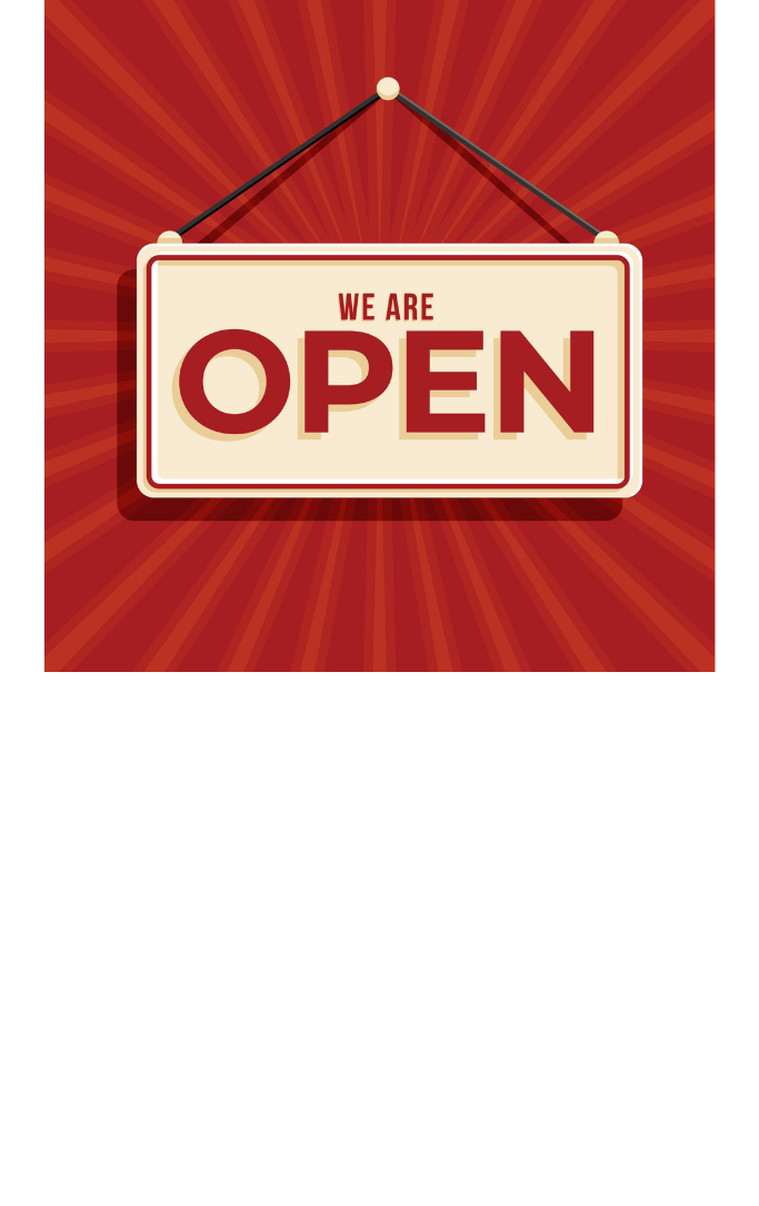 Red background with a sign hanging from a nail that says "We Are Open"