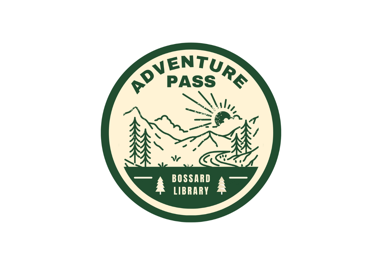 Drawing of mountains with trees and a road at the base and the sun coming over the mountain top. Adventure Pass is spelled out above the mountains and Bossard Library is spelled out below the trees and road.