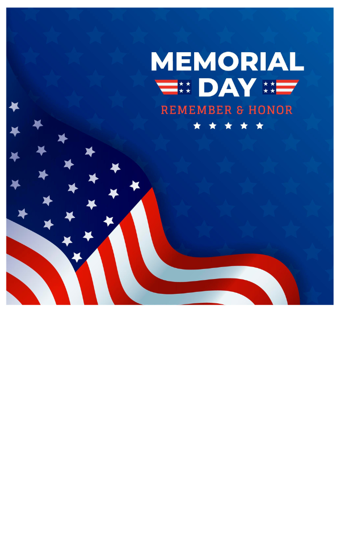 United States Flag on a dark blue background with Memorial Day written in the top right corner