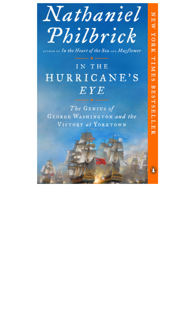 Book jacket of In The Hurricane's Eye featuring a group of 18th century sailing ships fighting on the open seas